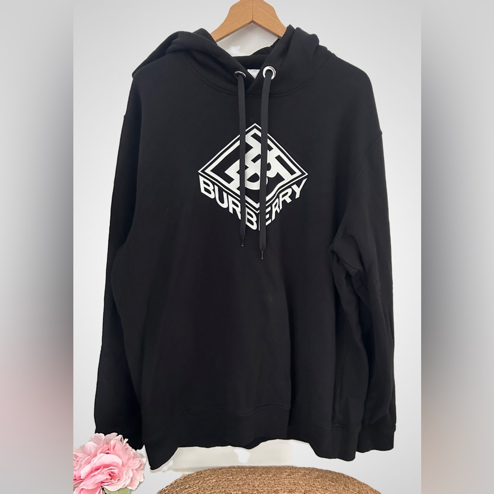 Men’s Burberry ALBIAN BLACK COTTON WHITE TB LOGO PULLOVER HOODIE US XL